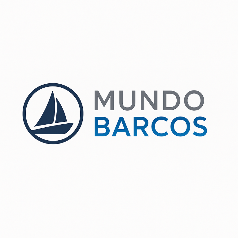 Logo de Mundo Barcos con velero minimalista en azul marino y tipografía moderna